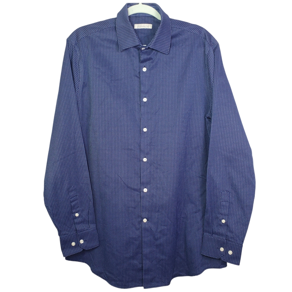 Perry Ellis Portfolio Mens L Blue Patterned Button Up Long Sleeve Dress Shirt